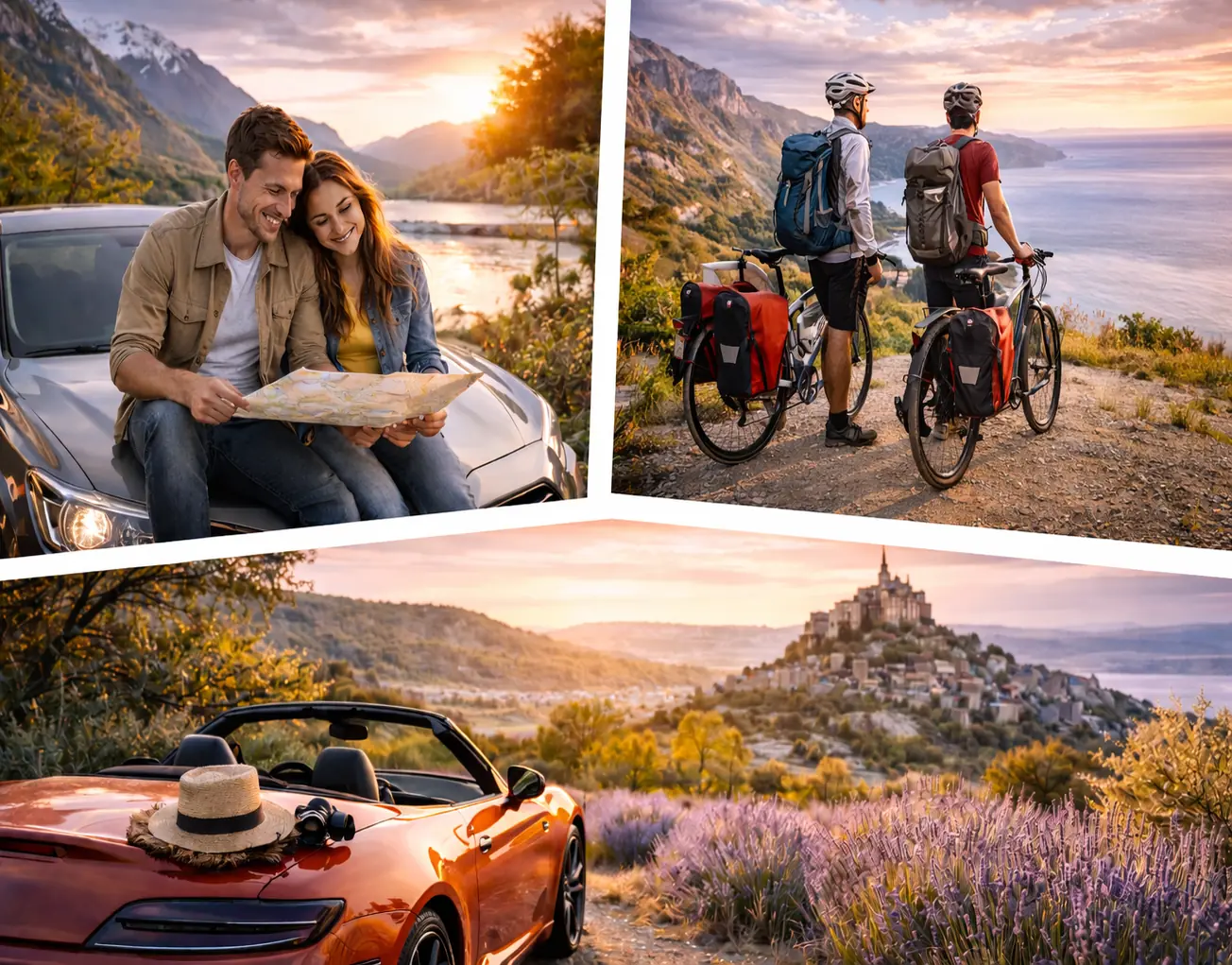 Scènes de voyage mêlant automobile et deux roues en France, couple en voiture, cyclistes en panorama côtier et cabriolet face à un village au coucher du soleil.