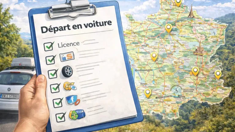 Illustration d’un départ en voyage en voiture avec check-list en main et carte de France en arrière-plan, préparation avant road trip.