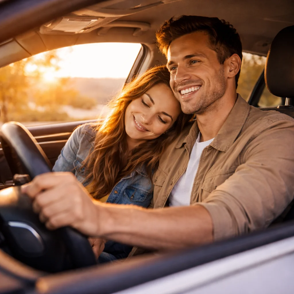 Jeune couple souriant à l’intérieur d’une voiture moderne au coucher du soleil, ambiance road trip automobile.