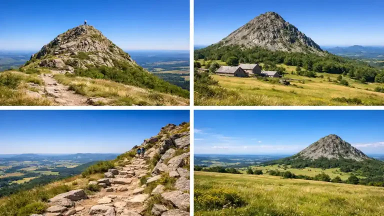 Mont Gerbier de Jonc en Ardèche avec sentier rocheux menant au sommet et vue panoramique sur le plateau ardéchois sous ciel dégagé
