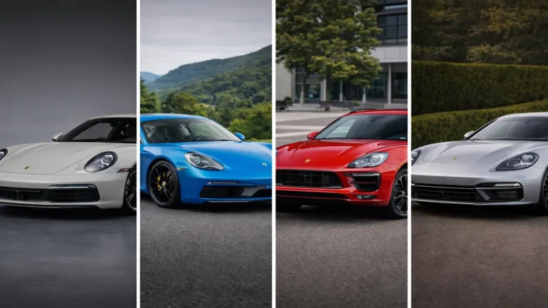 Couleurs Porsche 2019 avec 911 gris craie, 718 bleu métallisé, Macan rouge et Panamera argent en configuration premium.
