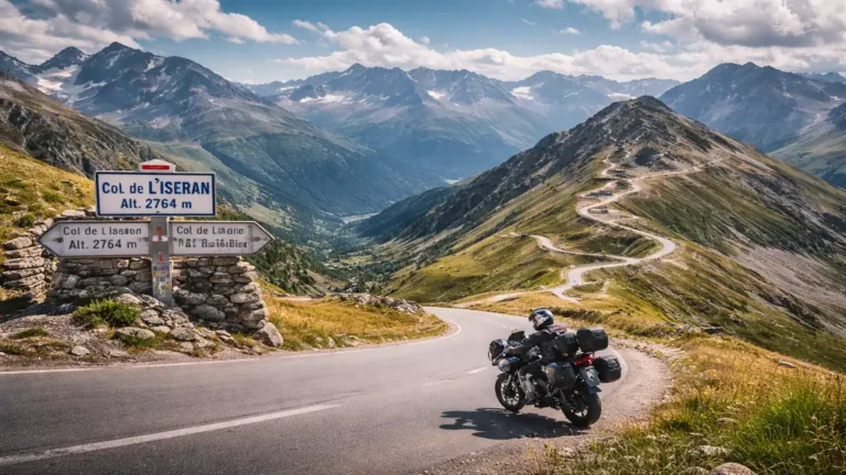 Motard sur la Route des Grandes Alpes au col de l’Iseran avec lacets alpins et panorama montagne spectaculaire.