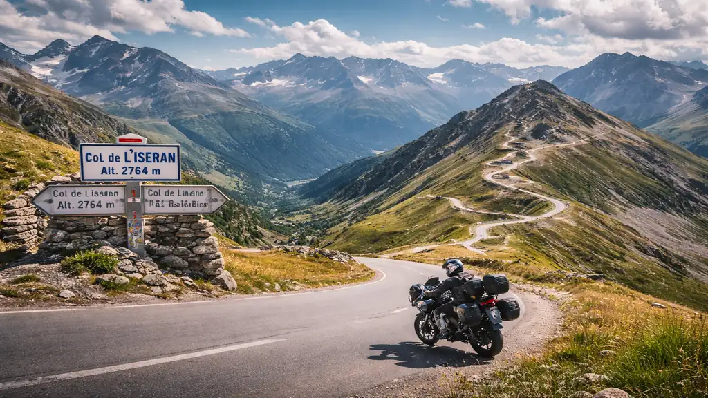 Motard sur la Route des Grandes Alpes au col de l’Iseran avec lacets alpins et panorama montagne spectaculaire.