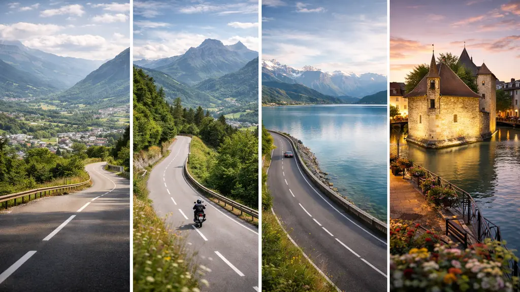 Route panoramique entre Saint-Jean-de-Maurienne et le lac d’Annecy via Albertville et col de Tamié avec vue sur montagnes savoyardes et vieille ville d’Annecy.
