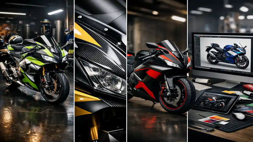 Simulation covering moto sur sportive avec rendu 3D et aperçu de personnalisation vinyle en atelier moderne.