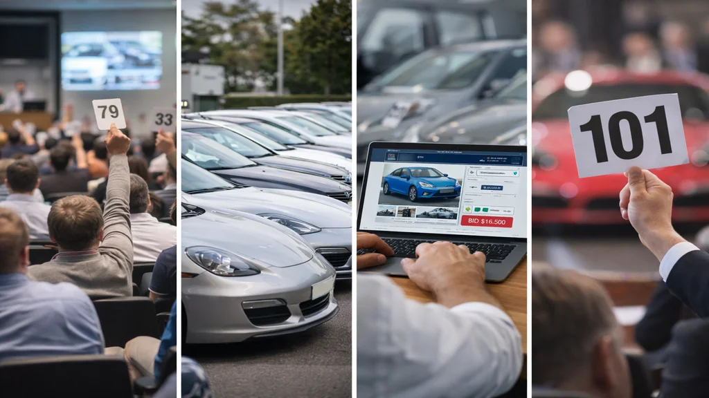 Vente aux enchères automobile avec salle de vente, voitures d’occasion en exposition et enchères en ligne sur ordinateur portable.